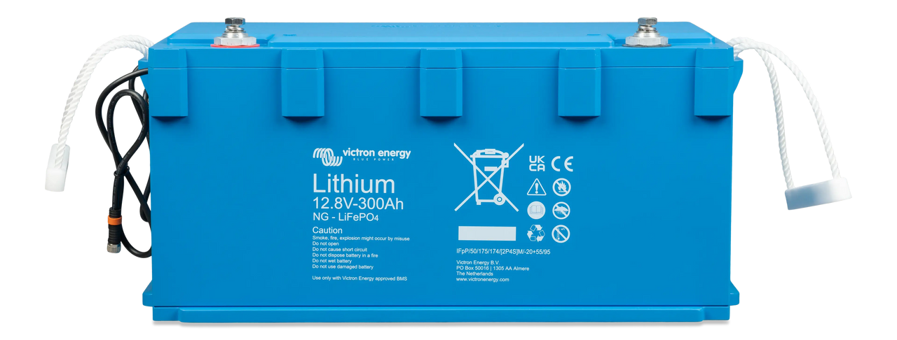 Front view of blue Victron 12V 300Ah Smart NG lithium battery with carry handles and BMS cables