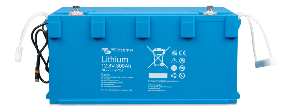 Front view of blue Victron 12V 300Ah Smart NG lithium battery with carry handles and BMS cables