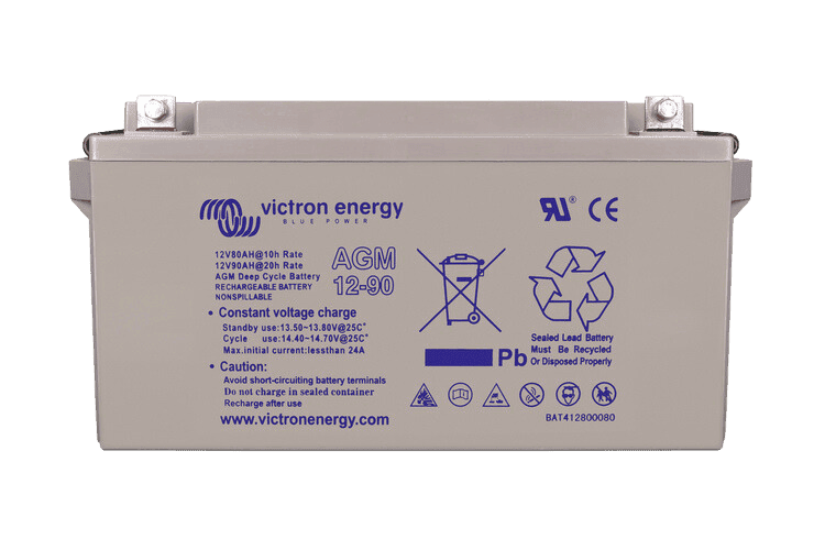 Front view of a grey Victron 12V 90Ah AGM deep cycle battery with specifications and safety icons