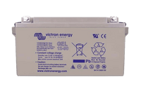Front view of Victron 12V 90Ah gel deep cycle battery with technical specifications and bolt terminals
