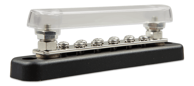 Side view of Victron 150A 2P busbar with clear protective cover and 10 terminal screws