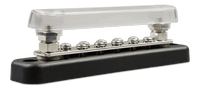 Side view of Victron 150A 2P busbar with clear protective cover and 10 terminal screws