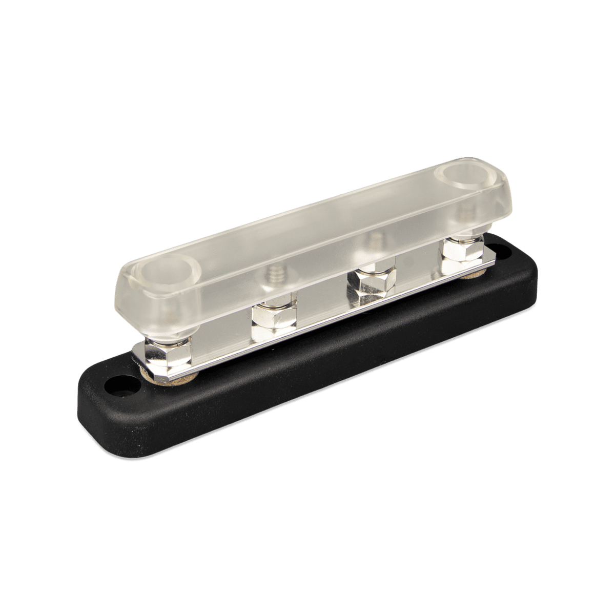 Perspective view of a Victron 150A busbar with its clear protective cover fitted