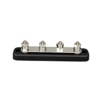 Front view of Victron 150A 4-terminal busbar without cover showing stainless steel studs