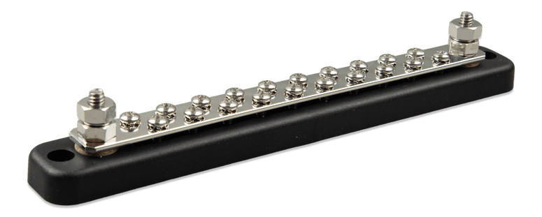 Victron 150A busbar without cover showing 20 screw terminals and two larger studs