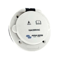 White Victron 16A 250V power inlet with spring-loaded polyamide cover and mounting holes
