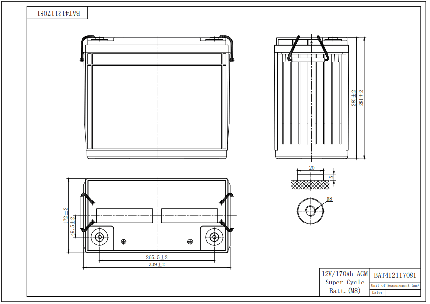 Technical drawing of the Victron 170Ah battery with millimetre dimensions