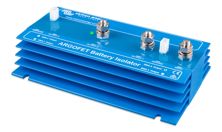 Angled view of blue 200A battery isolator showing output terminals and labels