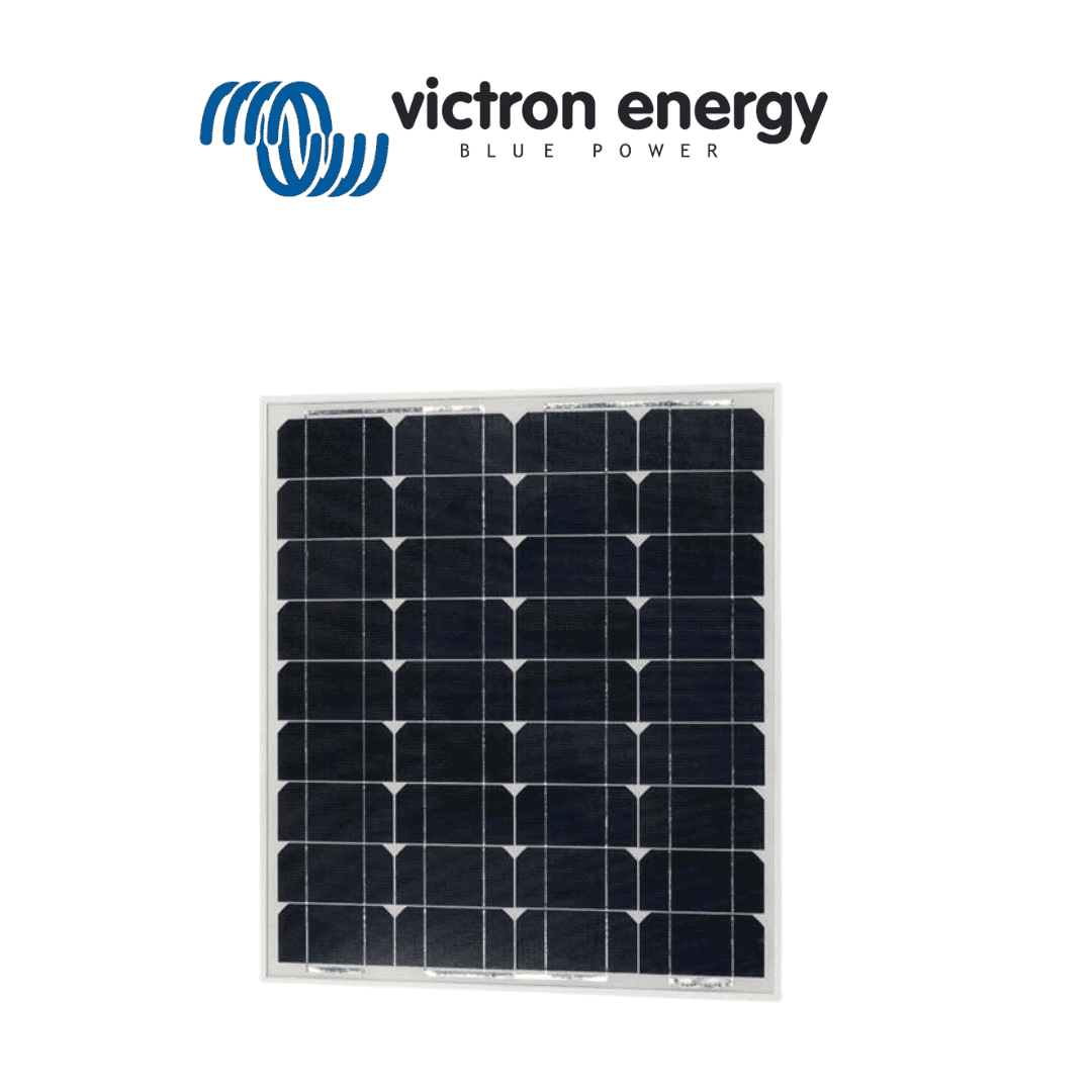 Front view of a Victron 20W monocrystalline solar panel with a silver aluminium frame and dark blue cells