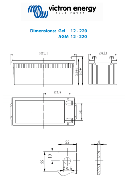 Dimensional technical drawing of the Victron 12V 220Ah battery showing top, side and front elevations