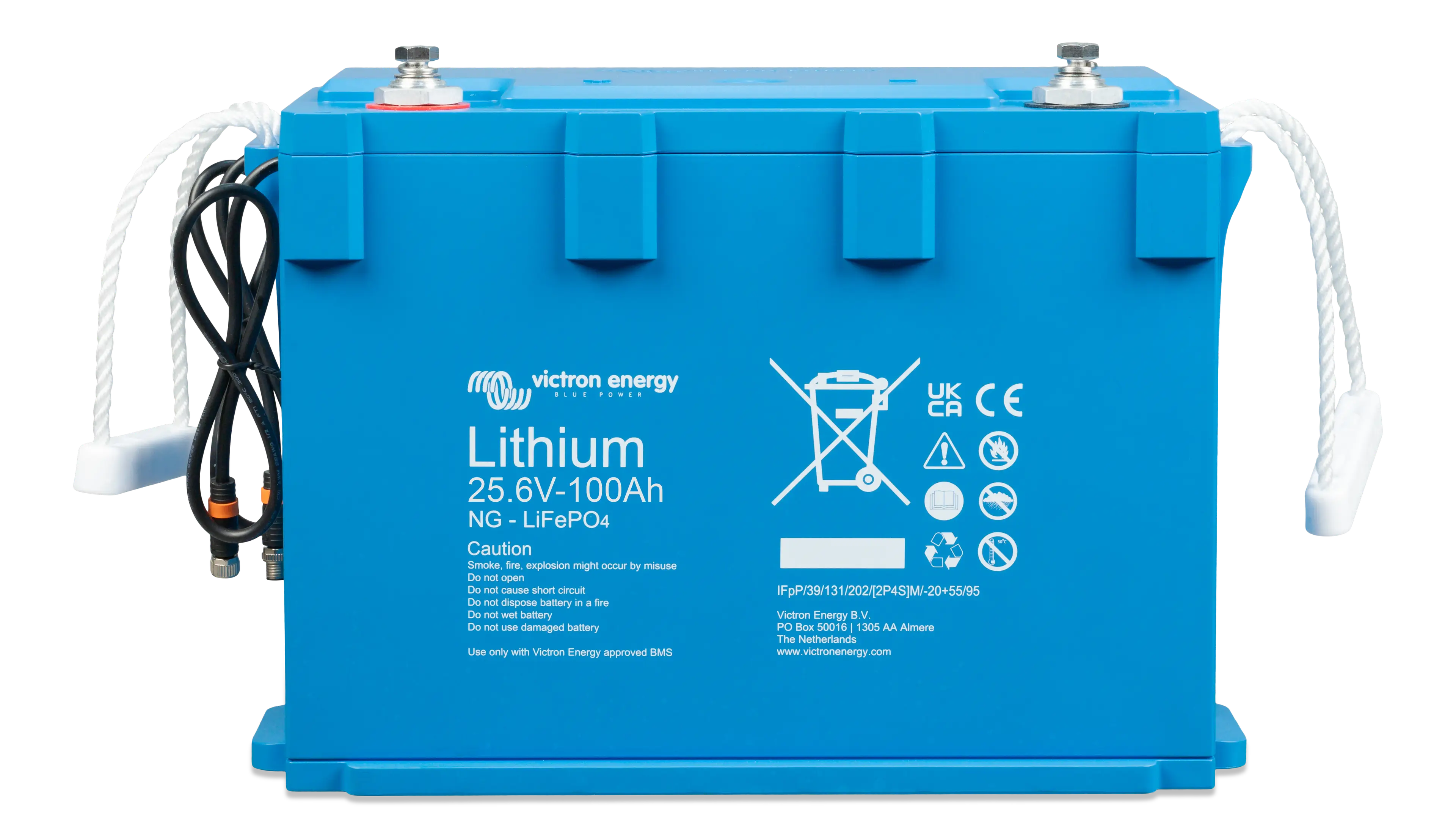 Victron 24V 100Ah Smart NG LiFePO4 lithium battery with BMS interface cables and rope handles