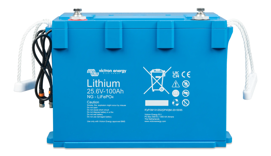 Victron 24V 100Ah Smart NG LiFePO4 lithium battery with BMS interface cables and rope handles