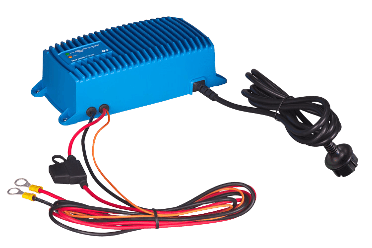 Angled view of a blue 24V 12A waterproof battery charger with AC power plug and DC eyelet cables