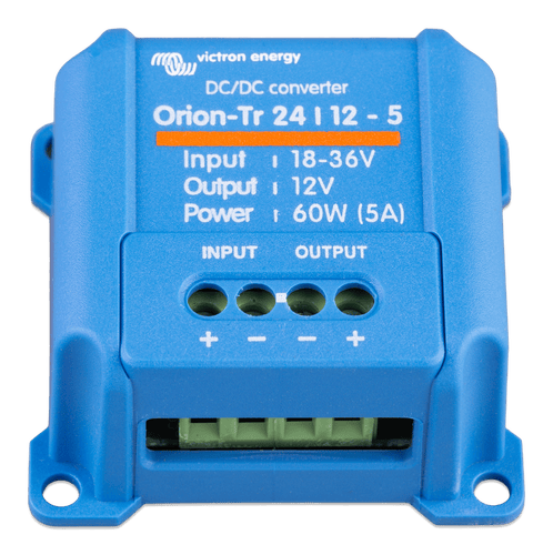 Angled view of 24V to 12V DC-DC converter showing terminal block connections