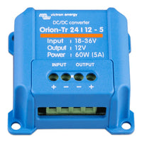 Angled view of 24V to 12V DC-DC converter showing terminal block connections