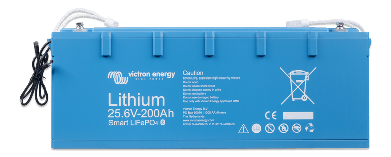 Front view of blue Victron 24V 200Ah Smart LiFePO4 battery with M8 terminals and BMS cables
