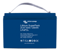 Front view of blue 24V 50Ah lithium battery with white carry strap