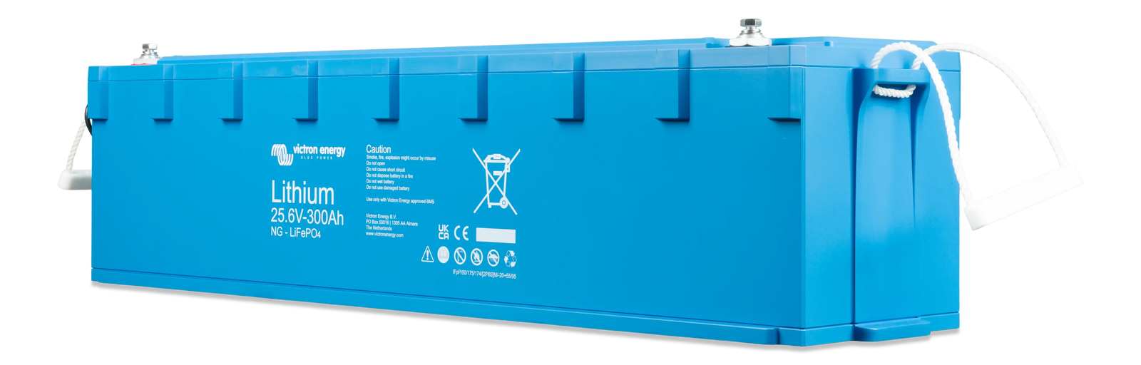 Side perspective of Victron 300Ah lithium battery showing M8 terminal and handle