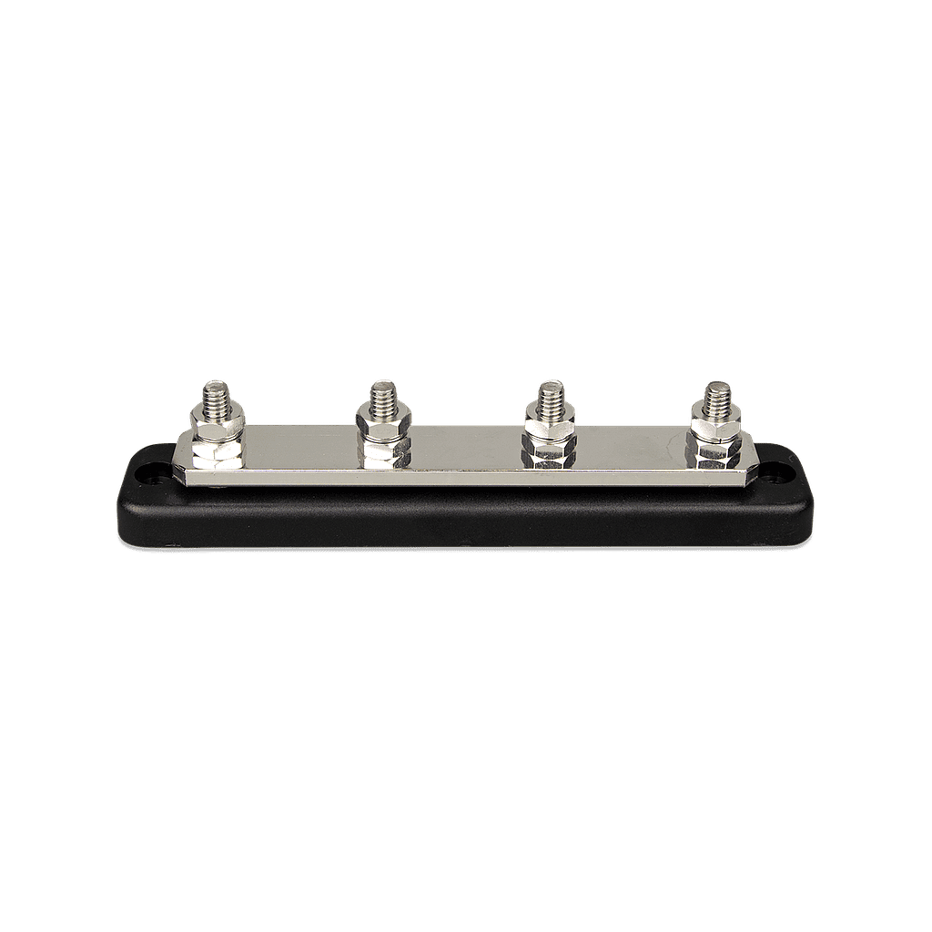 Profile view of a black 4-terminal busbar with silver-coloured studs and nuts
