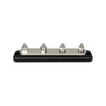 Profile view of a black 4-terminal busbar with silver-coloured studs and nuts