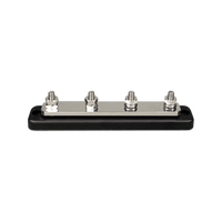 Profile view of a black 4-terminal busbar with silver-coloured studs and nuts