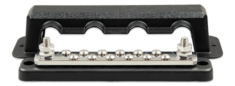 Front view of high-current 250A busbar with 12 terminals and dual 8mm studs