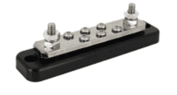 Victron 250A busbar with two terminal studs and six connection screws on a black ABS base