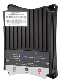 Perspective view of a black Victron 25A buck-boost DC-DC converter with cooling fins and status LEDs