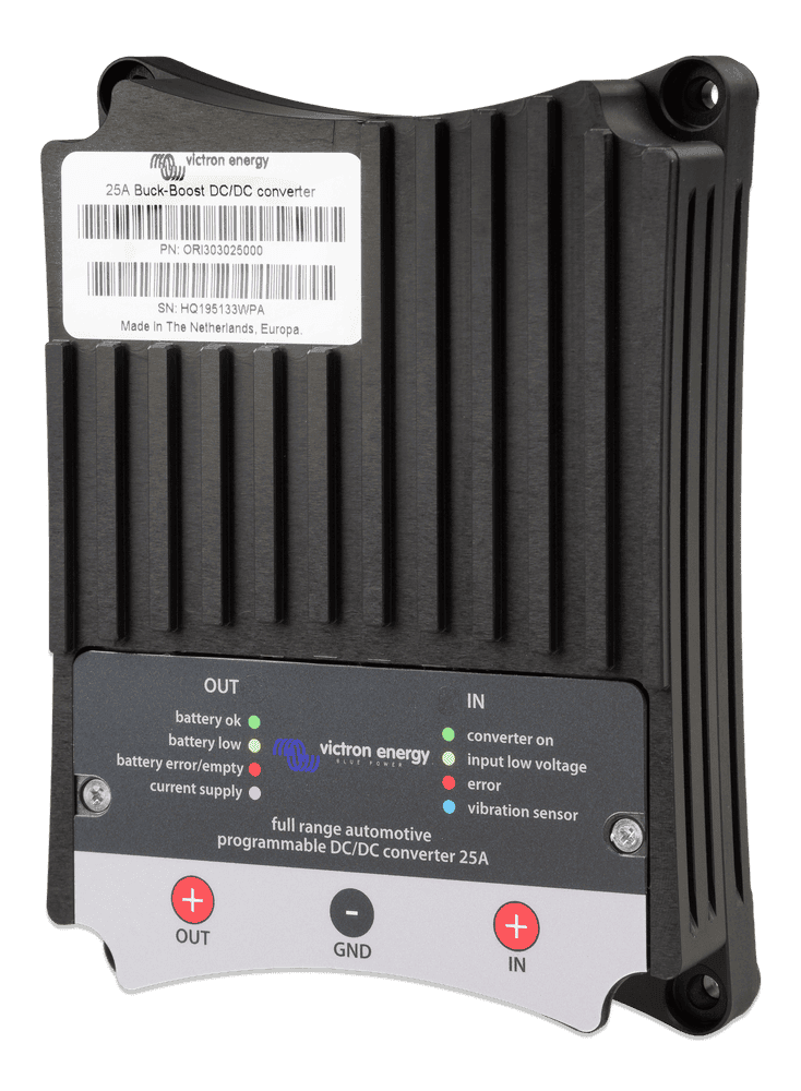 Perspective view of a black Victron 25A buck-boost DC-DC converter with cooling fins and status LEDs