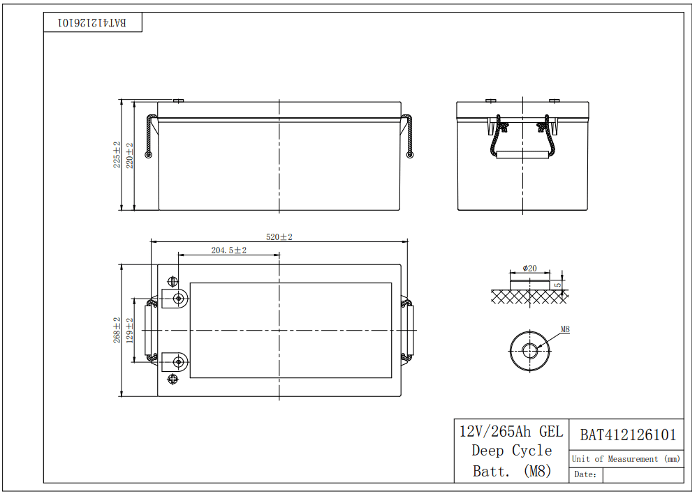 Dimensional drawing for 265Ah gel battery showing 520mm length and 268mm width