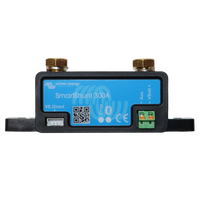 Front view of Victron 300A SmartShunt showing VE.Direct port, status LEDs and terminal block