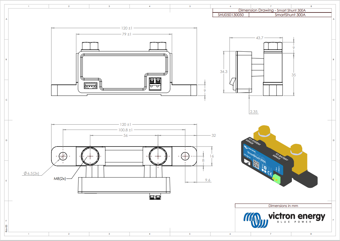 Technical dimensional drawing of the 300A Victron SmartShunt