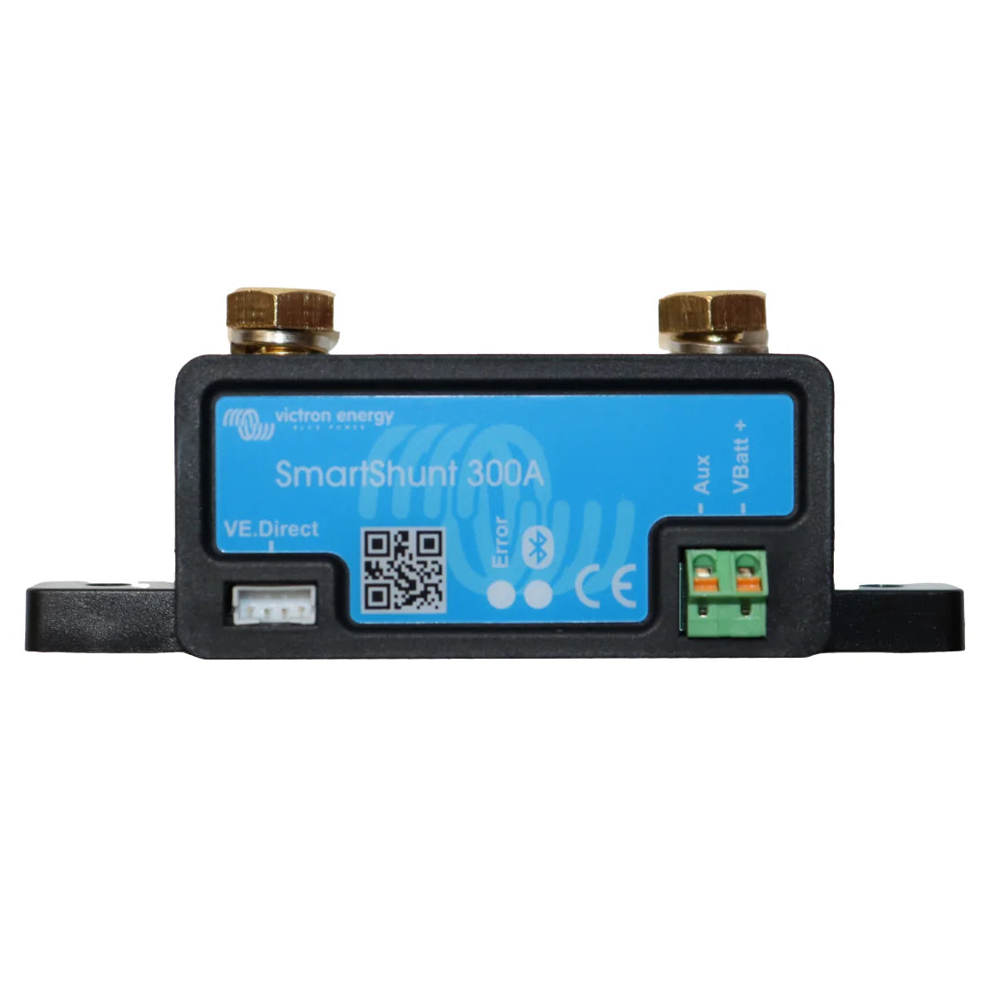 Front view of a Victron SmartShunt 300A battery monitor with interface ports and status labels