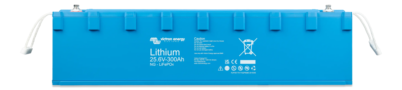 Front view of the blue Victron Smart NG 25.6V 300Ah lithium battery