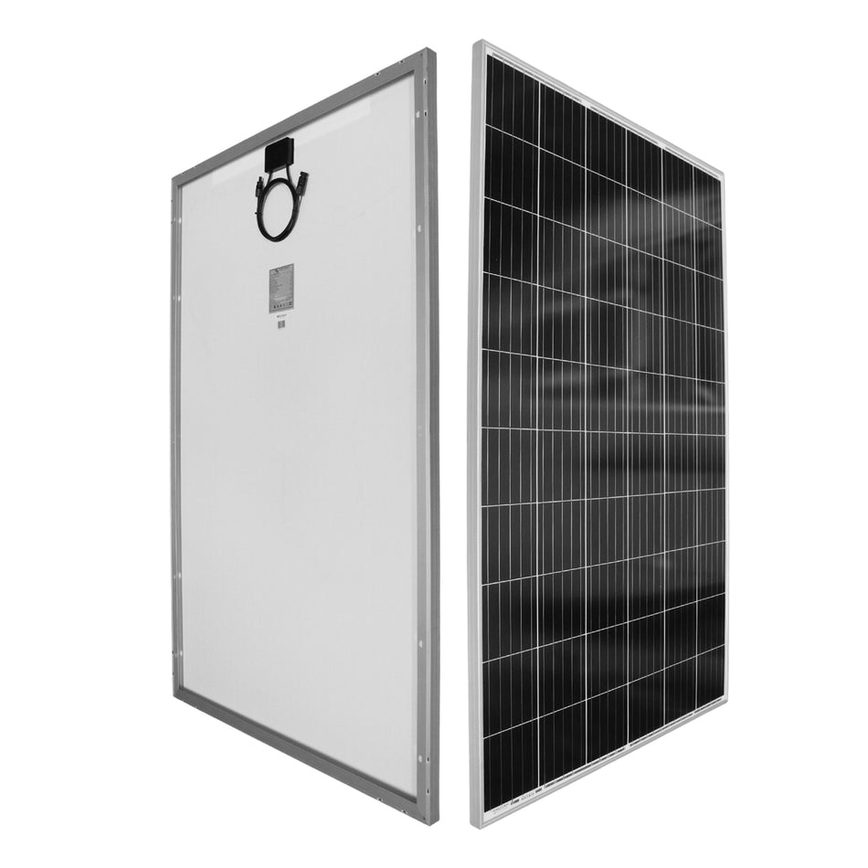 Front and rear perspective view of Victron 305W solar panel showing junction box and MC4 connectors