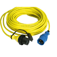 Coiled yellow 25m shore power cord with blue 3-pin male plug and female connector with protective cap