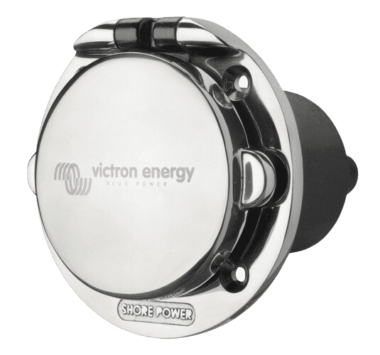 Polished stainless steel 32A power inlet with closed protective lid and mounting holes