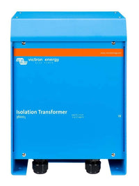 Front view of blue 3600W isolation transformer with dual bottom cable glands and labelling