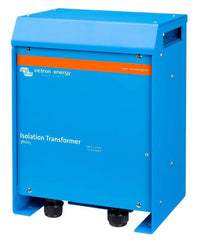 Angled view of the Victron 3600W isolation transformer showing enclosure side and mounting holes