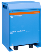 Front perspective of blue Victron 3600W isolation transformer with cable glands and recessed handles