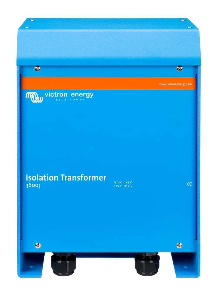 Front straight-on view of the Victron 3600W isolation transformer showing branding and voltage labels