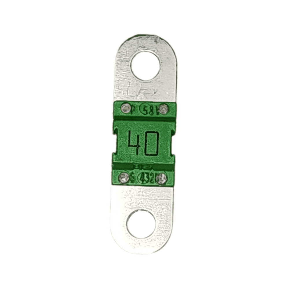 40A 58V MIDI fuse with metallic finish and circular mounting holes on a white background