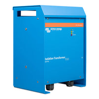 Angled perspective view of the blue Victron 4500W isolation transformer enclosure