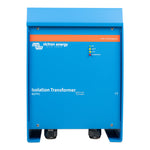 Front view of blue Victron isolation transformer with status LEDs and cable glands