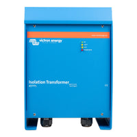 Front view of blue Victron isolation transformer with status LEDs and cable glands