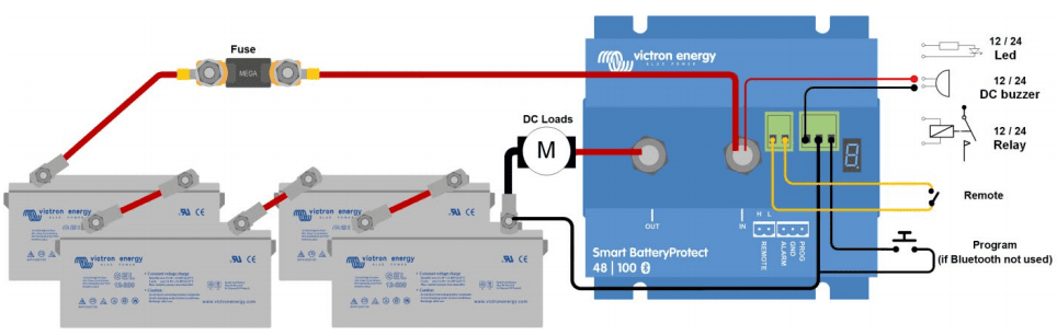 Installation diagram for the 48V 100A Smart BatteryProtect with electrical connections
