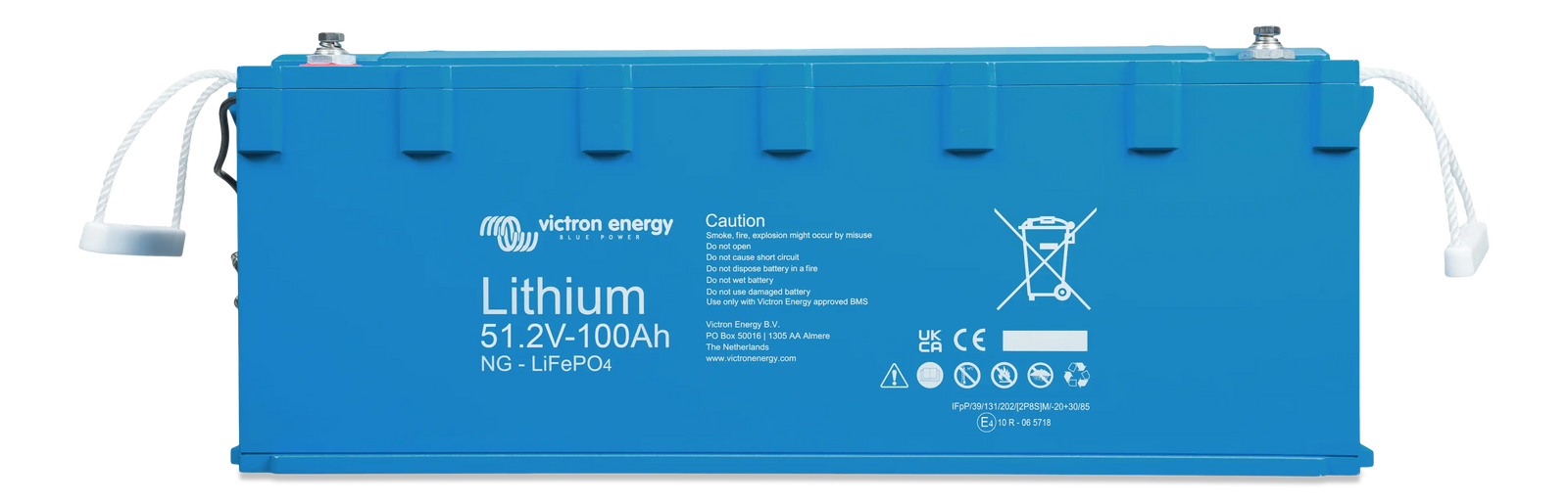 Front view of Victron 48V 100Ah Smart NG lithium battery with blue IP65 case and rope handles