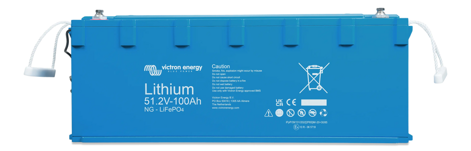 Front view of Victron 48V 100Ah Smart NG lithium battery with blue IP65 case and rope handles