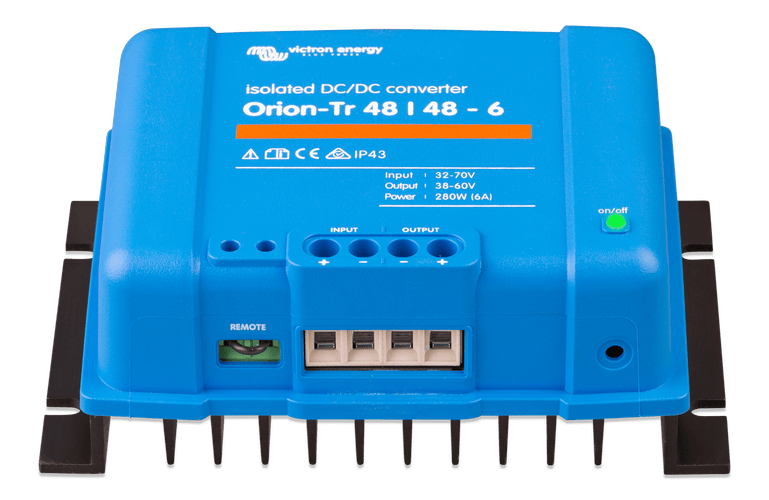 Perspective view of converter showing remote on-off port, wiring terminals and cooling fins