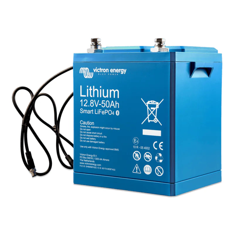 Angled view of 12V 50Ah smart lithium battery showing blue protective casing and top terminals